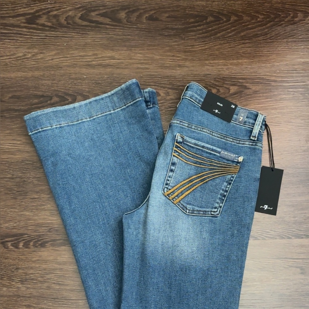 7 For All Mankind Dojo Slim Straight Jeans in Medium Blue with Gold Stitching